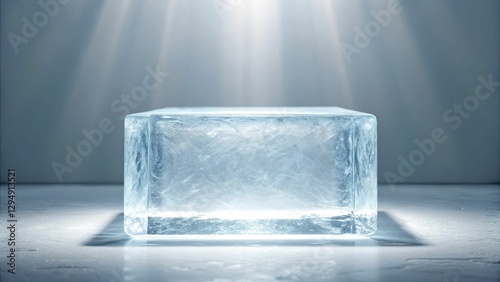 Luminous block of ice, placed under a spotlight on a reflective surface