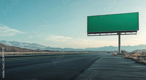 Blank Green Billboard on a Desert Highway with Mountain Background