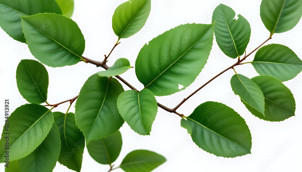 Vibrant Green Leaves on Branch Against White Background Vibrant Green Leaves on Branch Against White Background