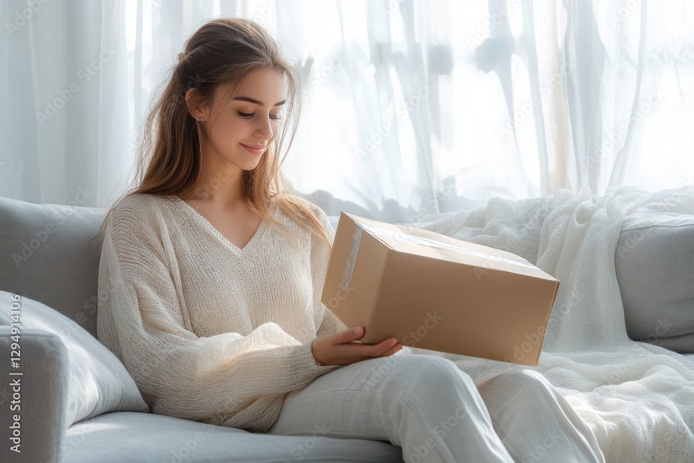 Happy woman unboxing package at home in cozy living room bright atmosphere lifestyle moment Happy woman unboxing package at home in cozy living room bright atmosphere lifestyle moment