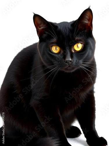 Black cat sitting gracefully with yellow eyes, white isolated background photo