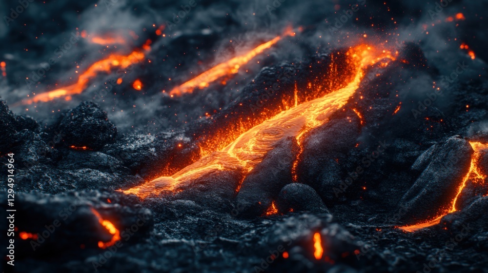 Lava flowing dark volcanic landscape. Hot molten rock cools. Volcano erupts. Orange fire danger and destruction. Heat and smoke texture background. Lava flowing dark volcanic landscape. Hot molten rock cools. Volcano erupts. Orange fire danger and destruction. Heat and smoke texture background.