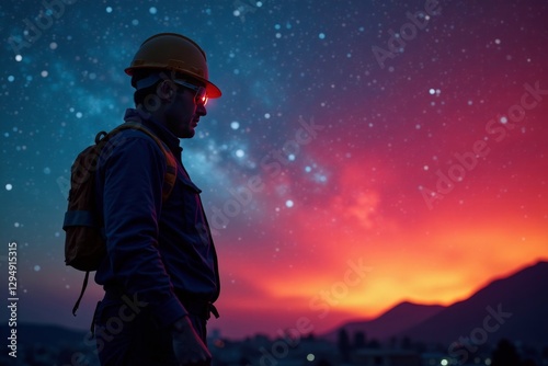 Construction worker's silhouette & protective gear against starry backdrop , high angle, gear, starry night