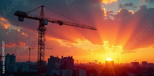 Dramatic sunset casts long shadows on construction crane , industrial, equipment