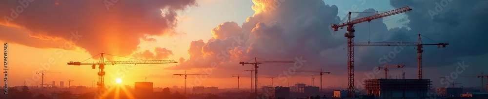 Fototapeta premium Golden hour illuminates towering cranes and brooding clouds above a construction zone , work, light