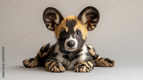 baby African wild dog sits attentively large ears perked up showcasing its striking mix of black white and tan fur. unique patterns on its coat stand out vividly.