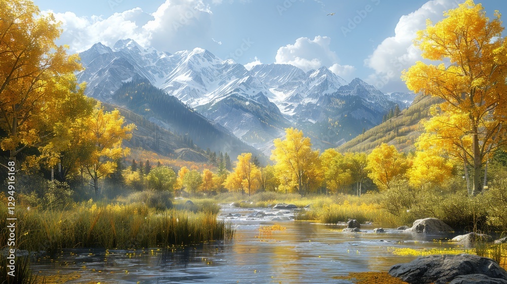 Fototapeta premium Serene Valley with Golden Trees and Crystal River in Glowing Mountains