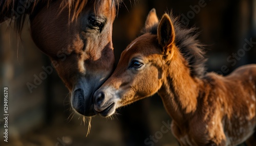 Chestnut Mare and Foal Nuzzling Tenderly in Warm Lighting