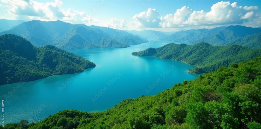 Obraz premium Stunning aerial panorama, vibrant blues, green isles , overhead, island chain, blue