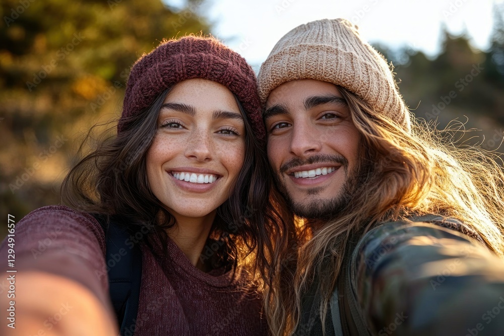 Obraz premium Happy multiethnic friends taking outdoor selfie on hiking trail