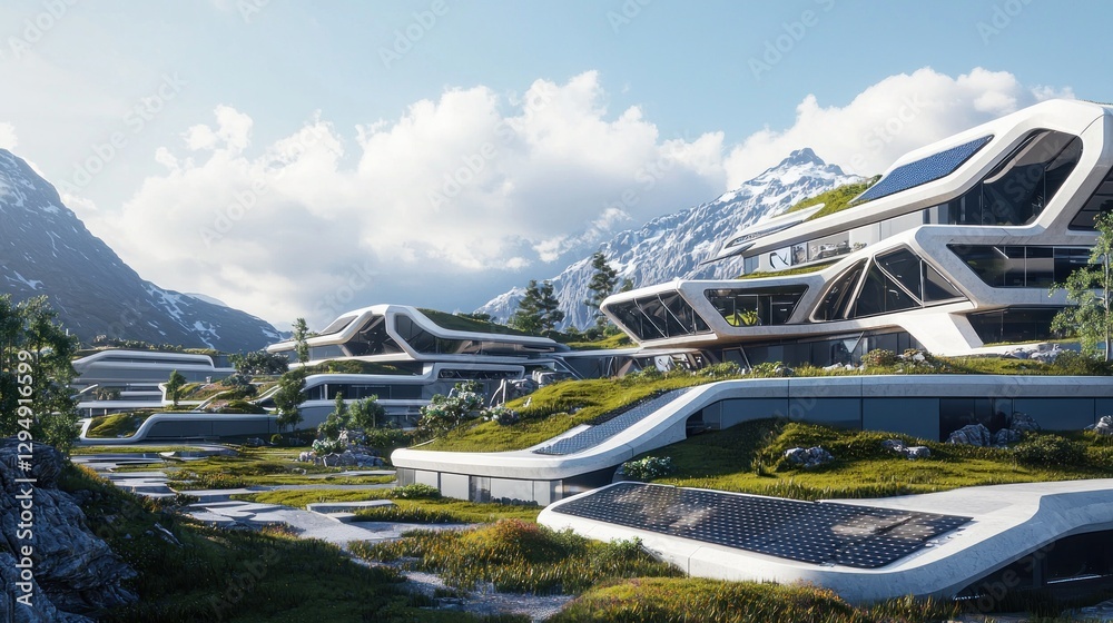 Fototapeta premium Futuristic eco-friendly buildings in mountain landscape.