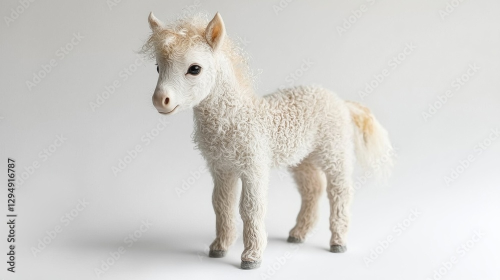 Obraz premium tiny baby unicorn soft shimmering coat stands delicately on white background. Its spiraled horn glows softly accentuating its enchanting presence in studio.