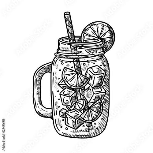 hand drawn vector illustration of a summer drink glass lemon ice straw