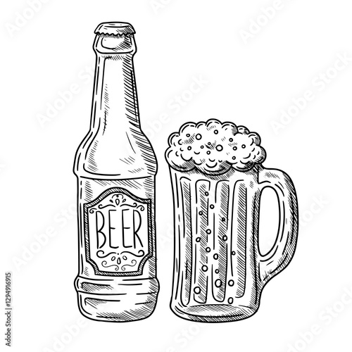 Hand draw vector Illustration of beer bottle and glass