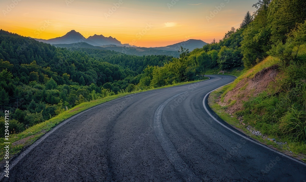 Naklejka premium A quiet road weaves through a forest, the distant mountains looming as the sunset paints the sky with tranquil hues of orange and pink.