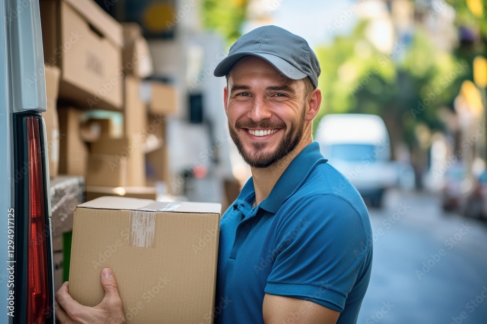 Package delivery action by smiling man in urban environment lifestyle content casual viewpoint Package delivery action by smiling man in urban environment lifestyle content casual viewpoint