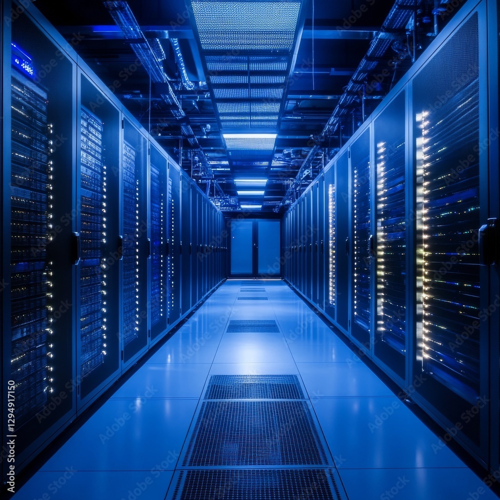 Data Center Interior: Rows of Servers Glowing in a Blue Light, High-Tech Infrastructure for Computing and Cloud Storage.