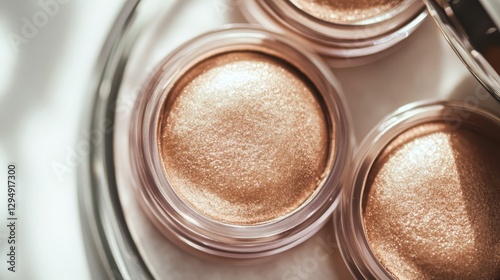 High-quality shimmering eyeshadow products displayed in clear containers capturing natural light during a makeup session at a vanity