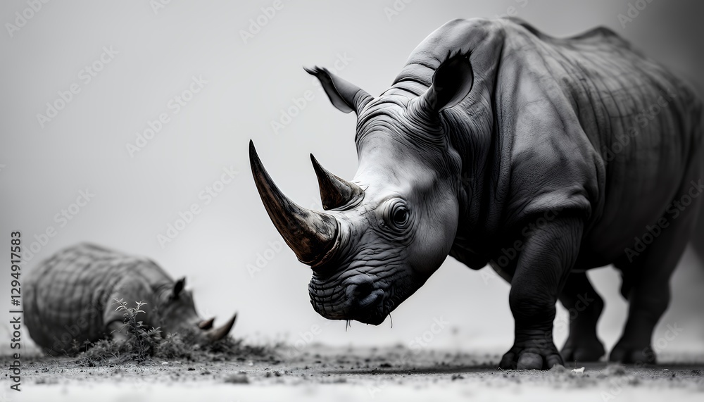 Fototapeta premium Powerful Rhinoceros Close Up, Monochromatic Wildlife Photography