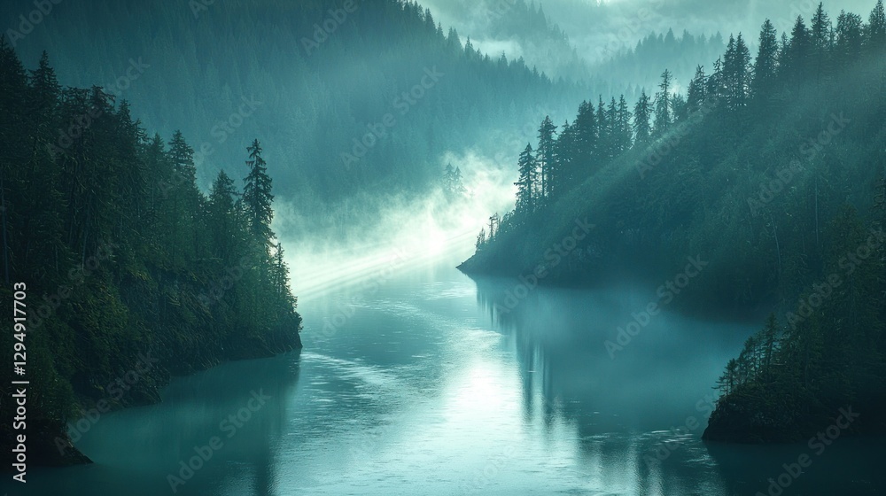 Fototapeta premium Misty mountain lake at sunrise, serene landscape.