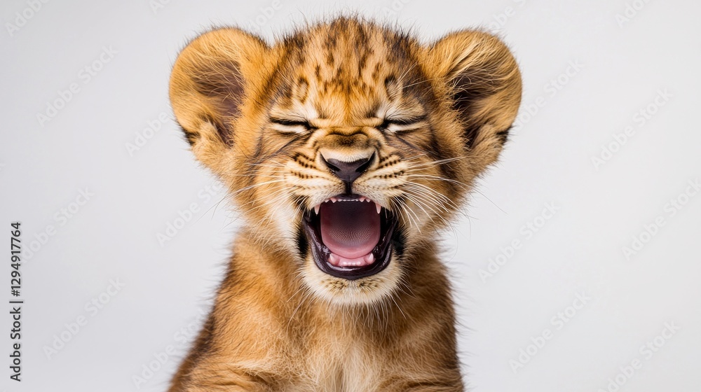 lion cub sits against pure white backdrop its golden fur adorned spots. Perched tiny ears perked up it yawns revealing sharp baby teeth and whiskers. lion cub sits against pure white backdrop its golden fur adorned spots. Perched tiny ears perked up it yawns revealing sharp baby teeth and whiskers.