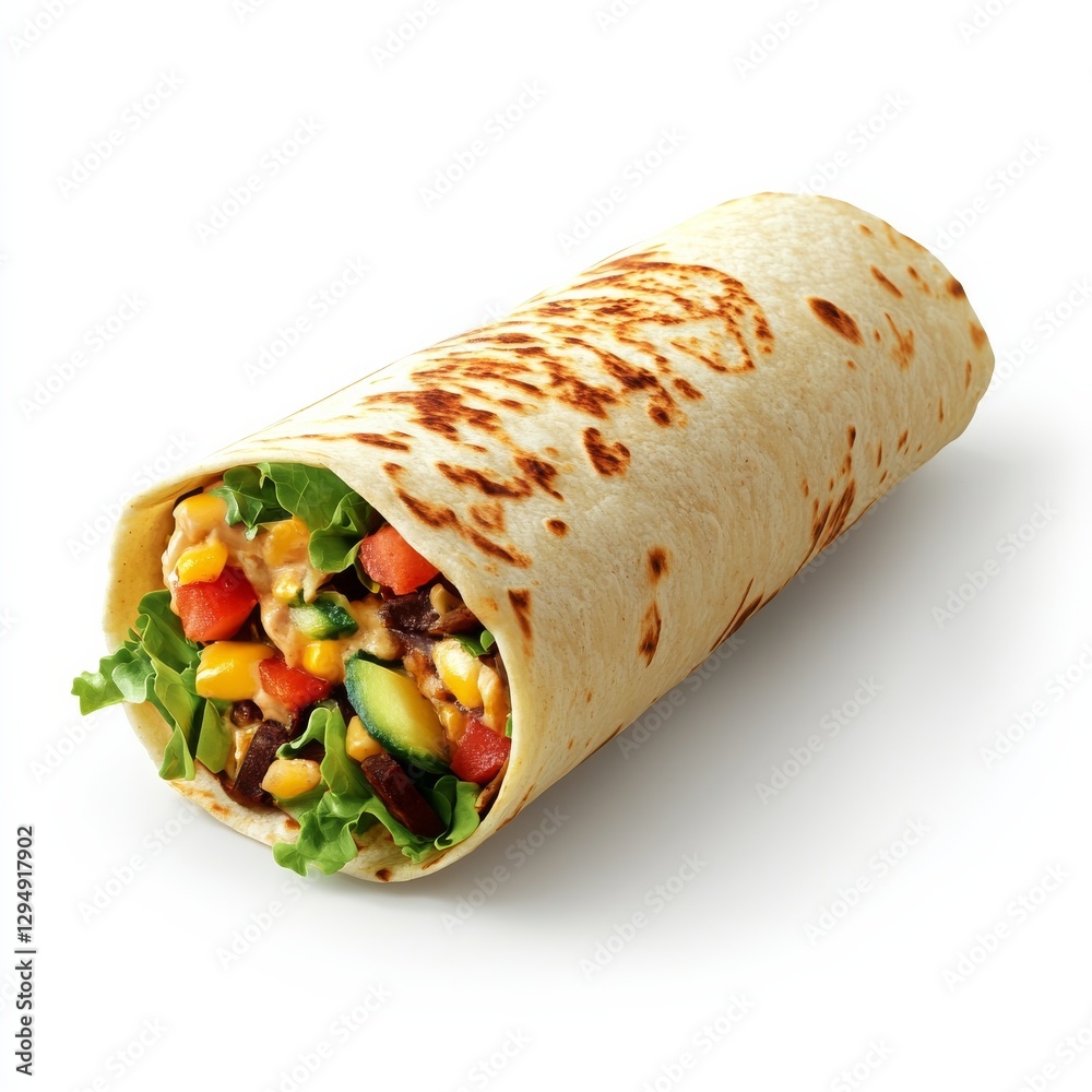 Fresh and Colorful Vegetable Burrito: A Healthy and Delicious Meal Option on a White Backdrop, Isolated and Ready to Eat!