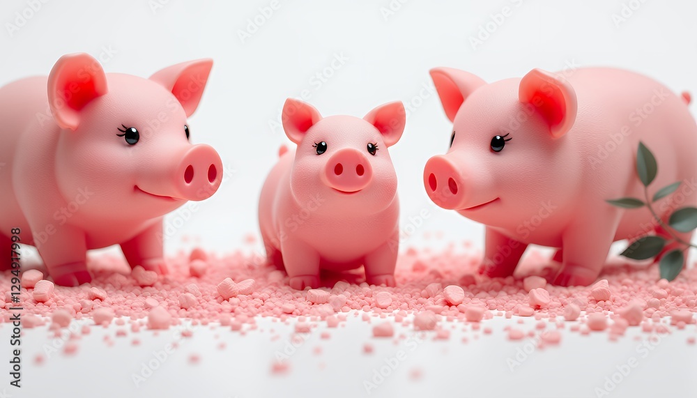 Three Pink Pig Figurines on Pink Crumbs Against White Background Three Pink Pig Figurines on Pink Crumbs Against White Background