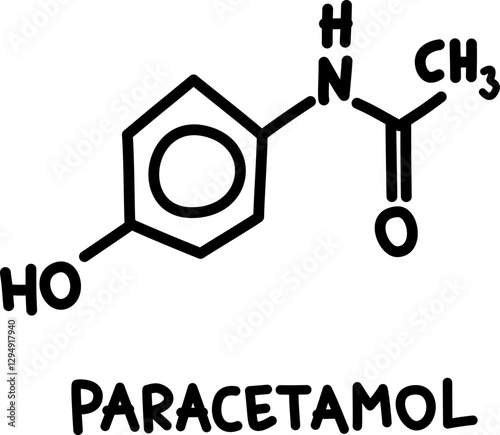 Hand drawn chemical structural formula of paracetamol or acetaminophen, medical analgesic drug used to reduce mild pain and fever. Chemical formula C8H9NO2.