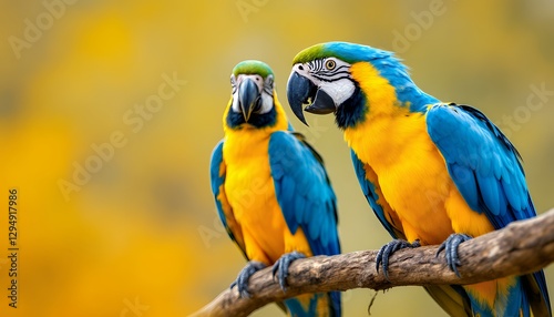 Two Blue and Yellow Macaws Perched on Branch Against Yellow Background