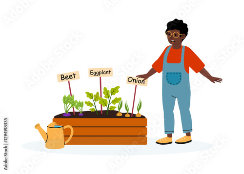 Gardening enthusiast tending to vegetables in a community garden during a sunny afternoon