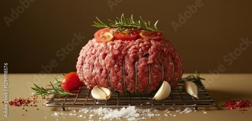 Preparing ground meat with herbs and vegetables kitchen food photography warm environment close-up view culinary art photo