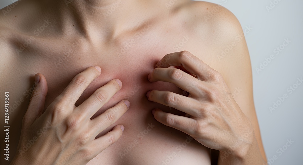 Fototapeta premium Close-up of Red Irritated Skin on Chest, Hands Scratching, Light Background