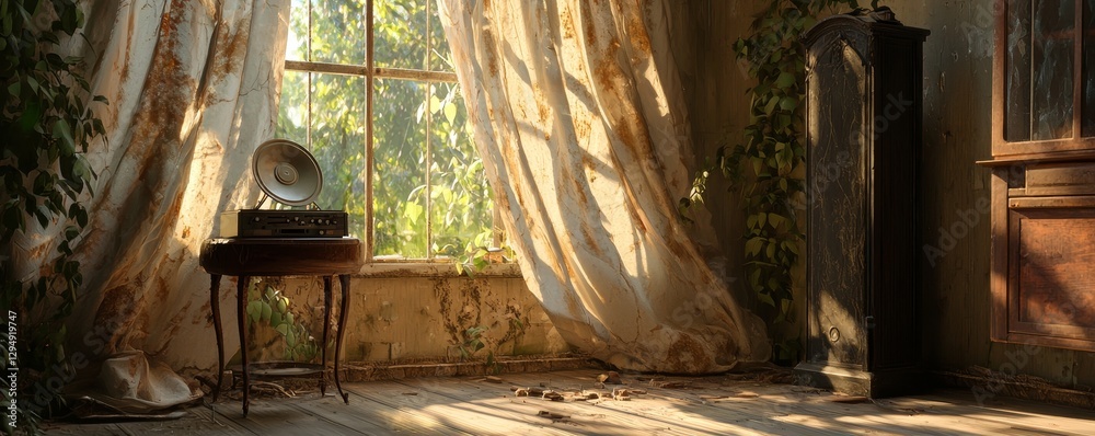 Fototapeta premium Abandoned living room with cracked ceiling, tattered curtains swaying slightly, an old gramophone on a table, and eerie shadows crawling across the floor