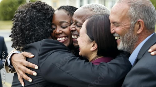 Emotional reunion among friends celebrating a special occasion outdoors