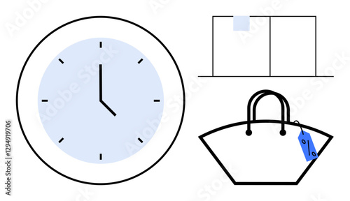 Wall clock showing a specific time, simple calendar with one date highlighted, handbag with a price tag. Ideal for scheduling, time management, organization, shopping, deadlines, punctuality retail