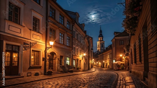 picturesque European street at night, lined with historic buildings and glowing streetlights