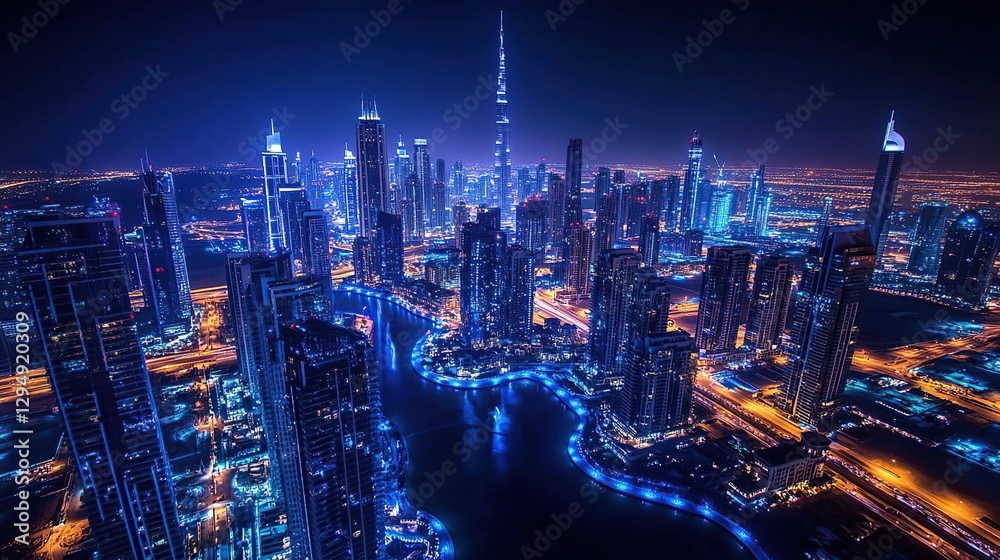 Obraz premium Vibrant City Night Skyline Illuminated With Blue And Yellow Lights