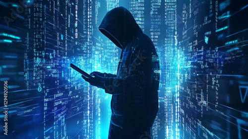 Cybersecurity Warning technology concept, of a Faceless hacker wear hoodie holding a tablet in his hand, Data protection, with analysis binary codes data flow, internet technology networking concept