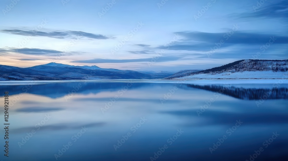 Fototapeta premium Serene reflection on calm lake mountainous region landscape photography twilight panoramic view tranquility