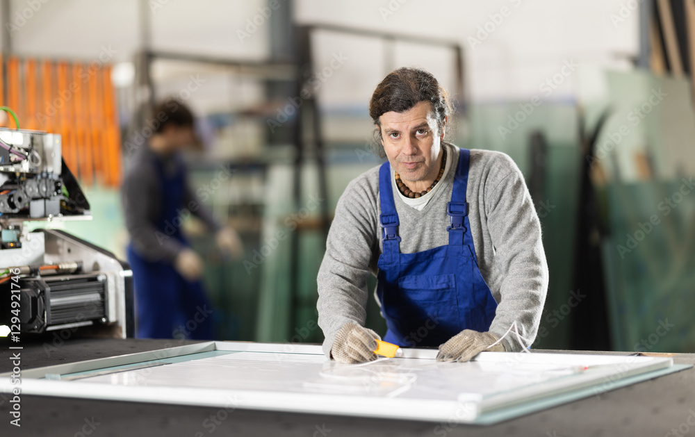 Man using stationery knife cuts and aligns contours of product and completes creation. Final trimming work, removing excess parts from surface of workpiece Man using stationery knife cuts and aligns contours of product and completes creation. Final trimming work, removing excess parts from surface of workpiece
