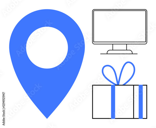 Large blue location pin, outline of computer monitor, and wrapped gift box with blue ribbon. Ideal for themes thumbs up technology, navigation, e-commerce, logistics, online gifts, virtual meetings