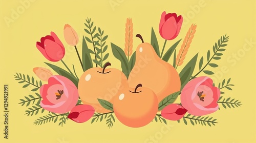 Illustration of pears and flowers on yellow background