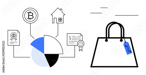 Pie chart with Bitcoin, house, certificates, and shopping bag indicates diversified investments. Ideal for finance, investment strategies, blockchain, real estate, education commerce budgeting