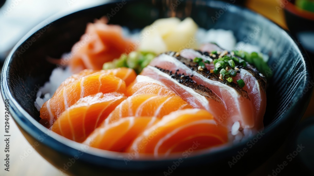 Close-up of Sashimi Rice Bowl: Salmon, Tuna, Rice, and Pickled Ginger Close-up of Sashimi Rice Bowl: Salmon, Tuna, Rice, and Pickled Ginger