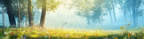 Beautiful summer landscape with trees at sunrise.