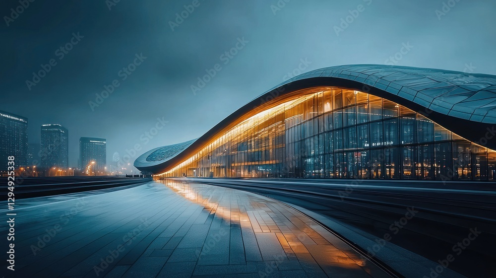 Fototapeta premium Modern architectural marvel at dusk, reflecting in wet pavement.