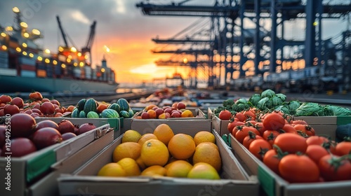 Fototapeta Naklejka Na Ścianę i Meble -  Vibrant Produce at Sunset Port Setting