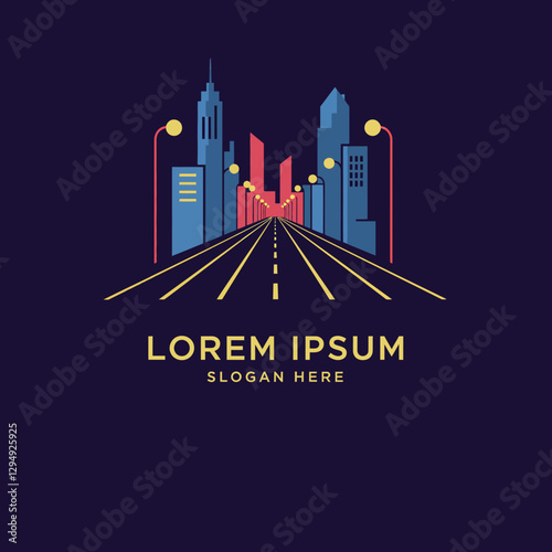 City skyline with colorful buildings and streetlights in minimal flat vector art