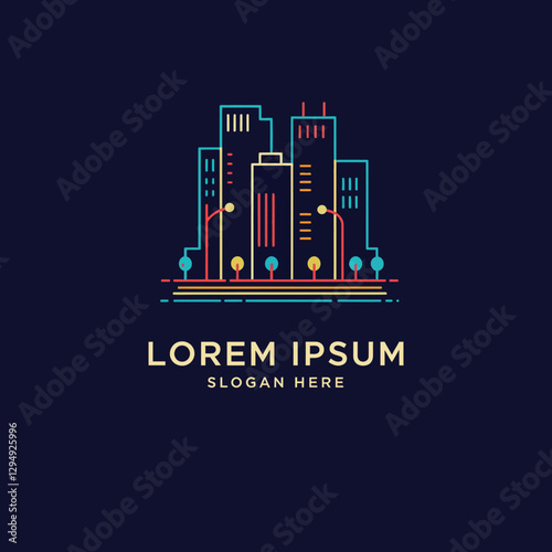 Urban skyline with colorful neon lights in a minimal flat design vector illustration