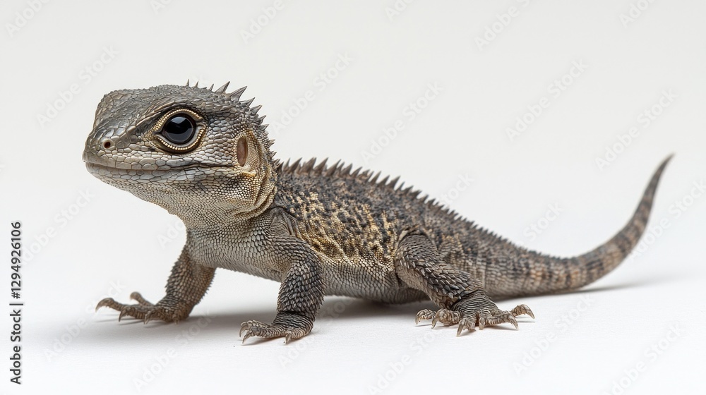 Fototapeta premium baby tuatara stands poised its soft spiky crest beginning form. Its tiny eyes reflect sense of ancient wisdom as it slowly explores its surroundings.